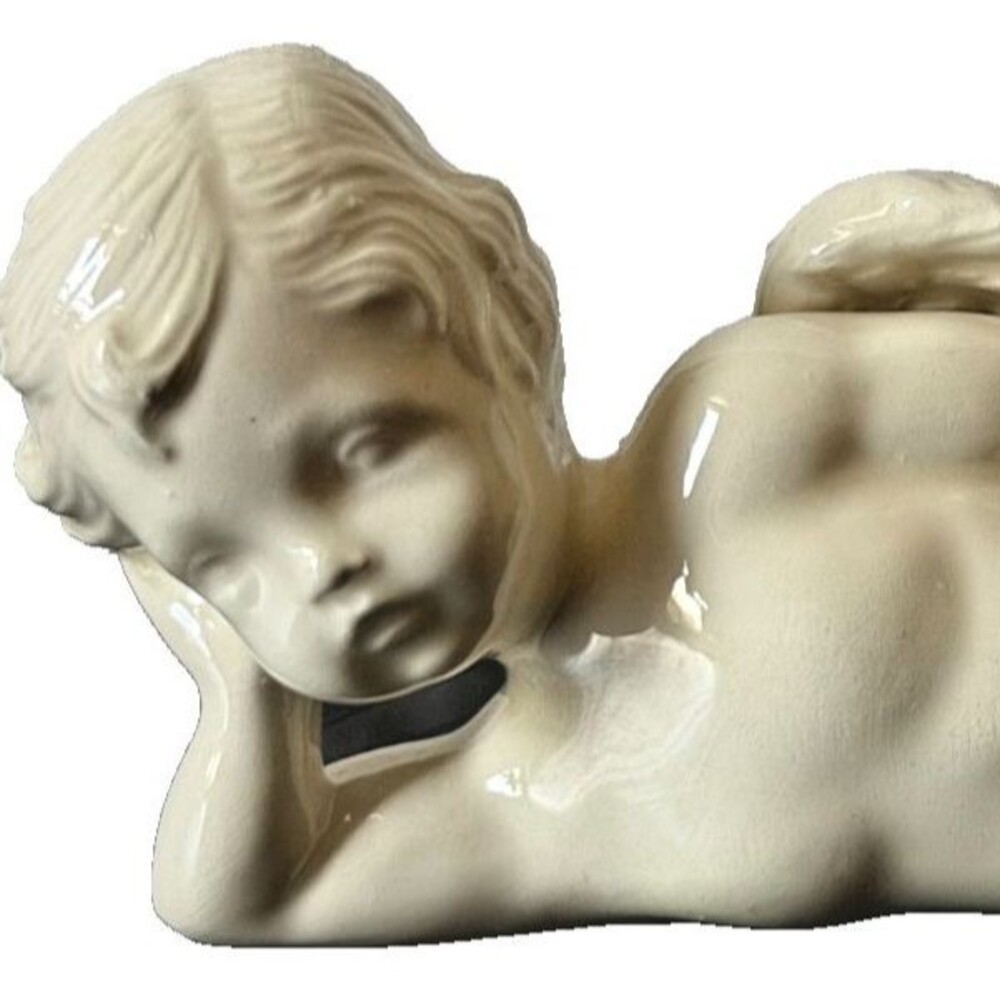 Vintage Ceramic Cherub Angel Figurine Ivory 5" Reclining Romantic Cottage Decor